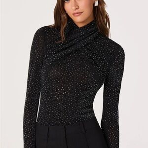 ASTR the Label Embellished Shimmer Crossover Mock Neck Top, Black, Large NWT